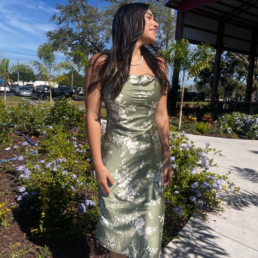 Floral Green Satin Dress